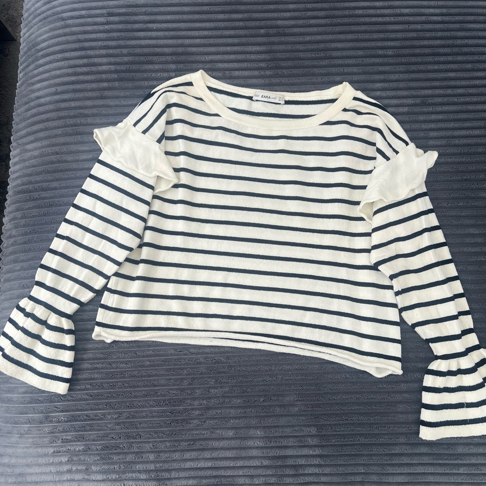 Zara Black and White Striped Ruffle Sleeve Top